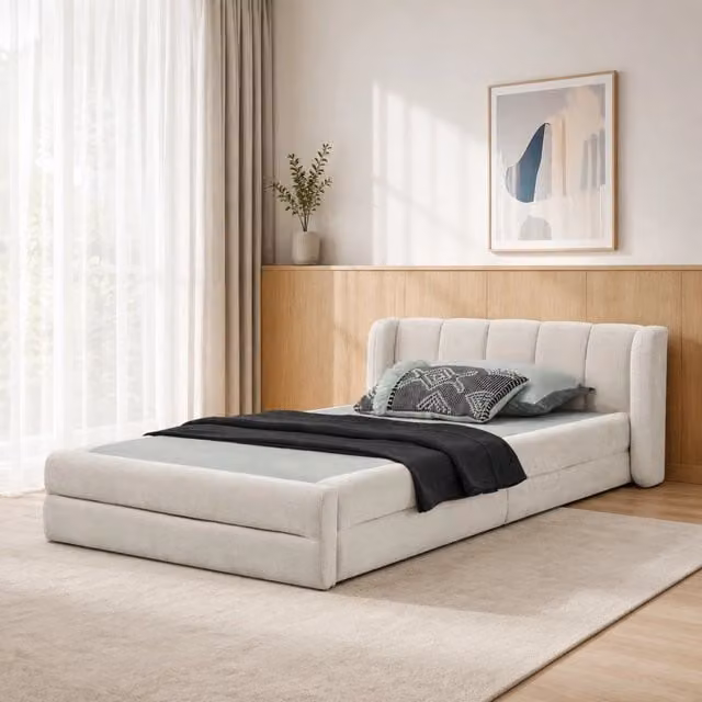 Letto singolo imbottito 90 × 200 cm in tessuto chenille beige con testiera portata fino a 200 kg