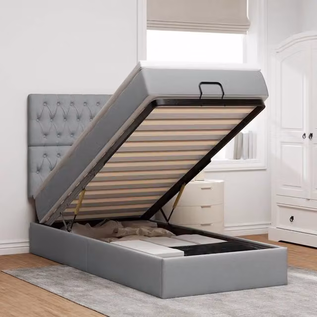 Letto moderno vidaXL con contenitore a sollevamento, materasso a molle e illuminazione sottostante, colori grigio e bianco, L/P/H: 203 x 140 x 100 cm – 1