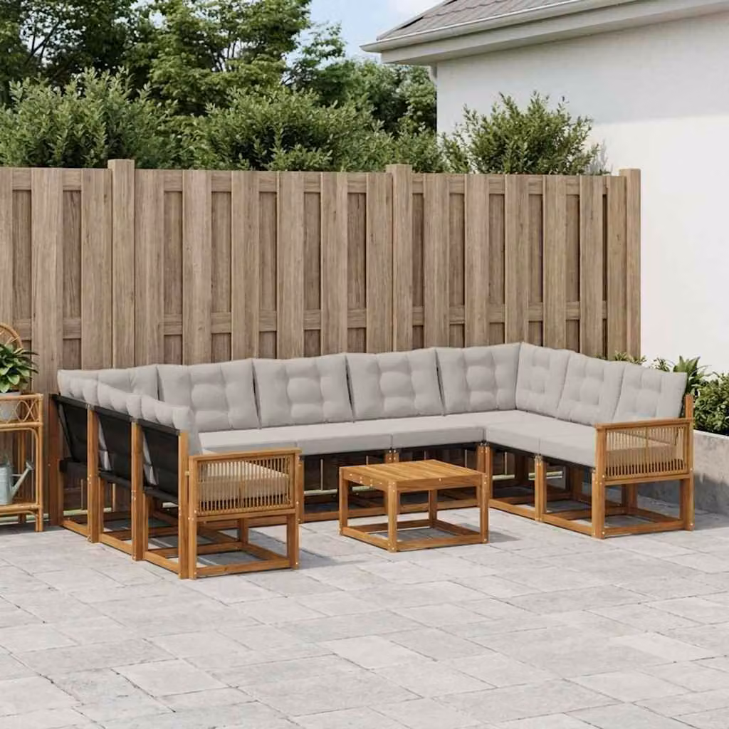 Set di divani da esterno vidaXL 10 pezzi in legno di acacia con cuscini beige e grigi per giardino e terrazza