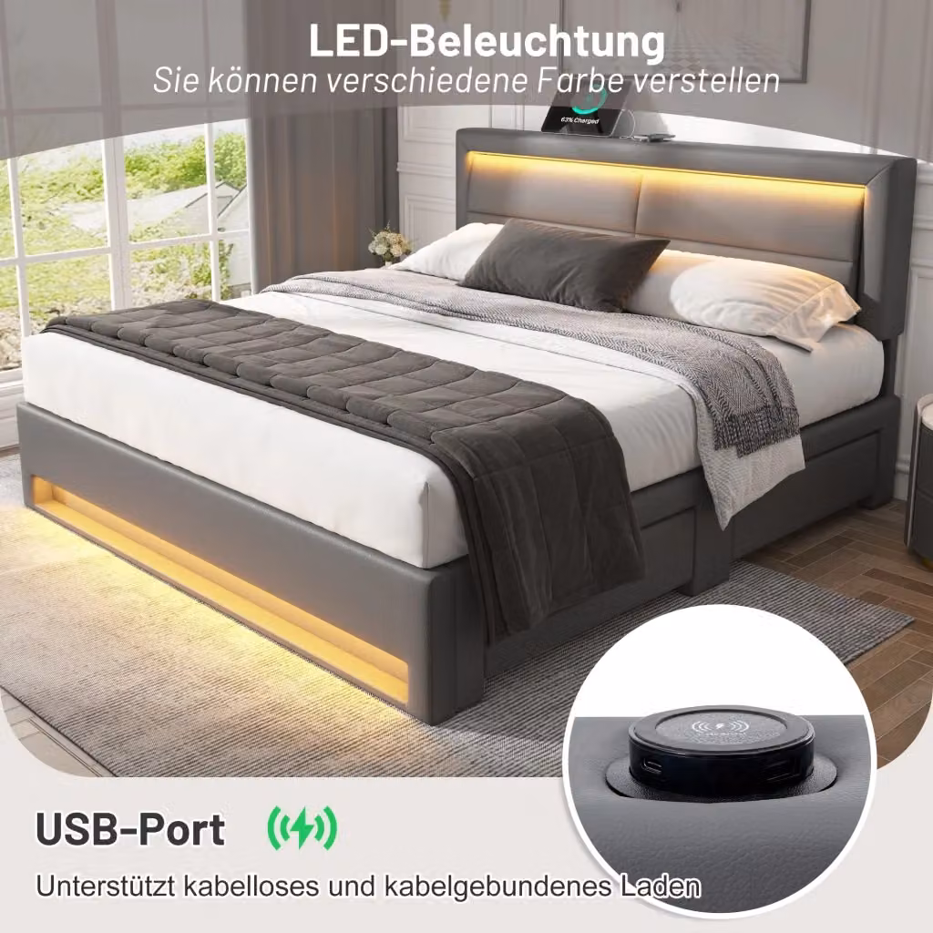 Letto imbottito REDOM in ecopelle grigia con USB, illuminazione LED e 4 cassetti, L/P: 140 x 190 cm – 2