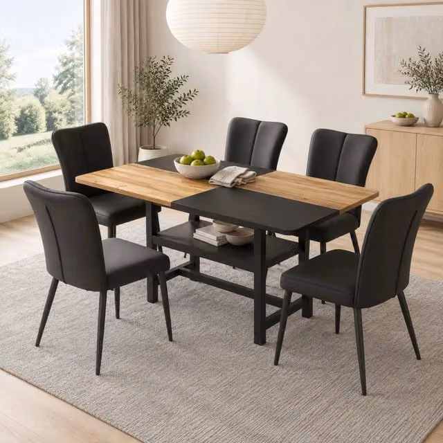 Set tavolo da pranzo e sedie 1 tavolo con ripiano e 4 sedie in MDF, metallo e similpelle marrone e nero