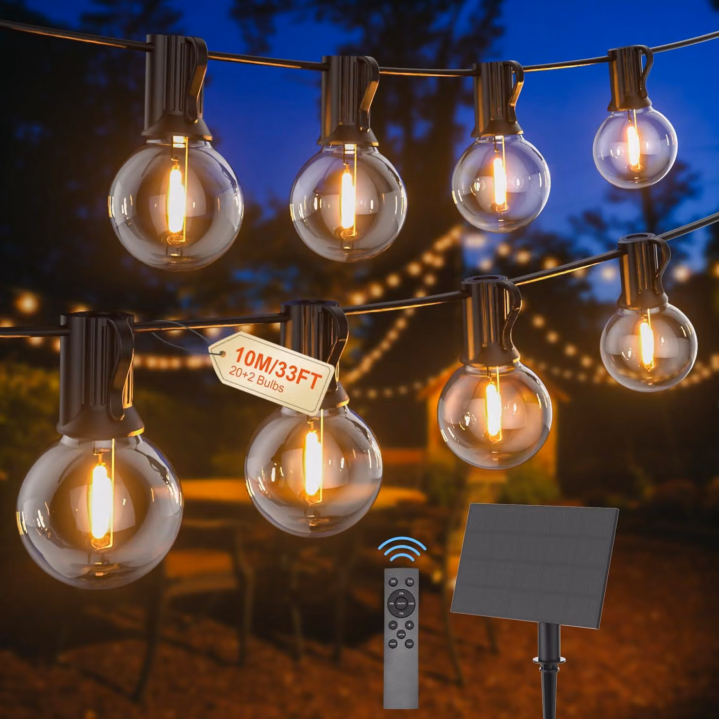 Catena luminosa solare, 10 metri, 20 LED, luce bianca calda, dimmerabile, con timer, grado di protezione IP65