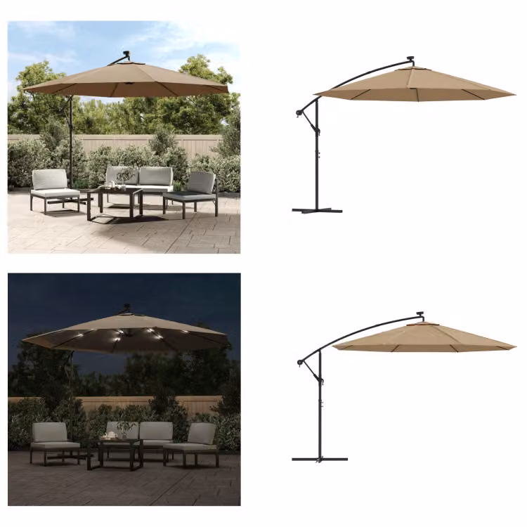 vidaXL Ombrellone a sbalzo con luci LED e asta in metallo 350 cm Taupe - Ombrellone - Ombrelloni - Ombrellone a sbalzo - Ombrellone a sbalzo