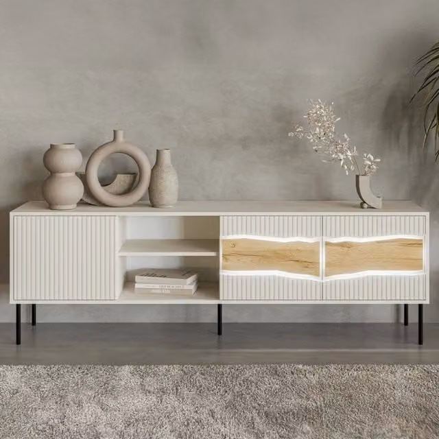 Mobile porta TV DMORA Luvinate moderno con 2 ripiani e illuminazione integrata, Beige, L: 190 cm, P: 40 cm, H: 61.5 cm – 1