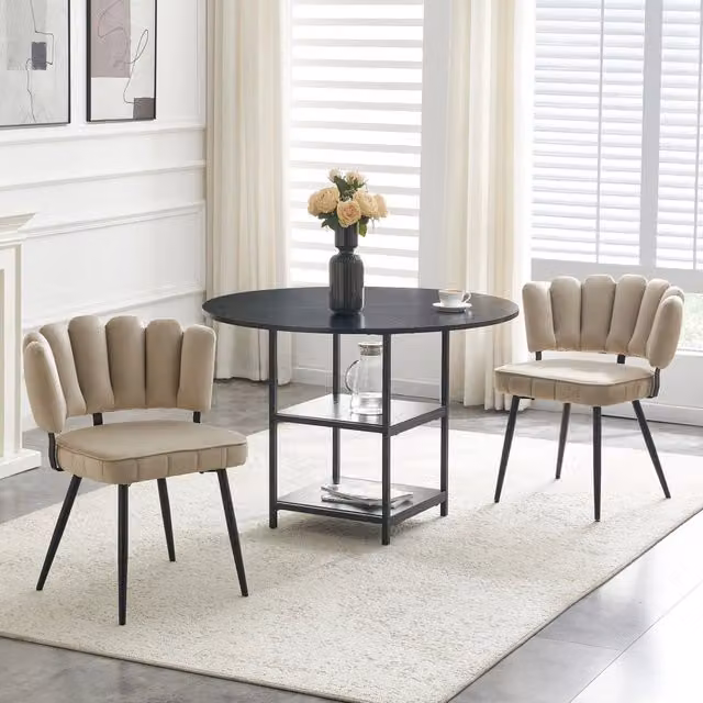 Set tavolo e sedie con tavolo rotondo e 2 sedie da pranzo con ripiani, in MDF, metallo e tessuto nero e marrone chiaro