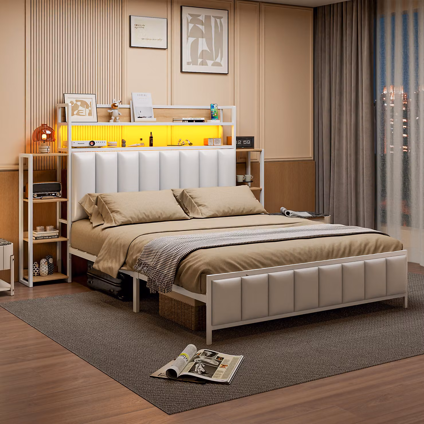 Letto imbottito AIORBER, 140x200 cm, con illuminazione LED, struttura in metallo, doppi ripiani, Similcuoio, ripiani bifacciali, letto matrimoniale, bianco