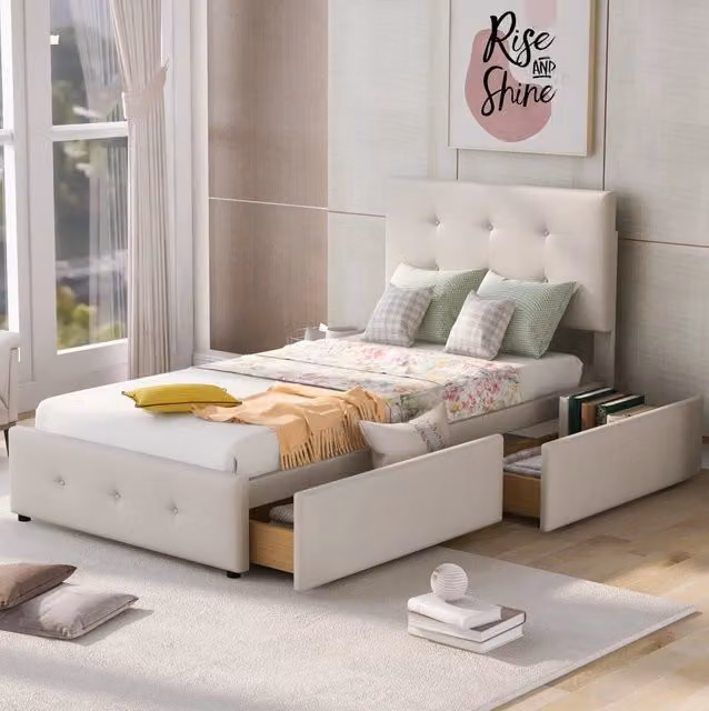 Letto imbottito 90x200 cm con rete a doghe; testiera; 1 cassetto; velluto beige