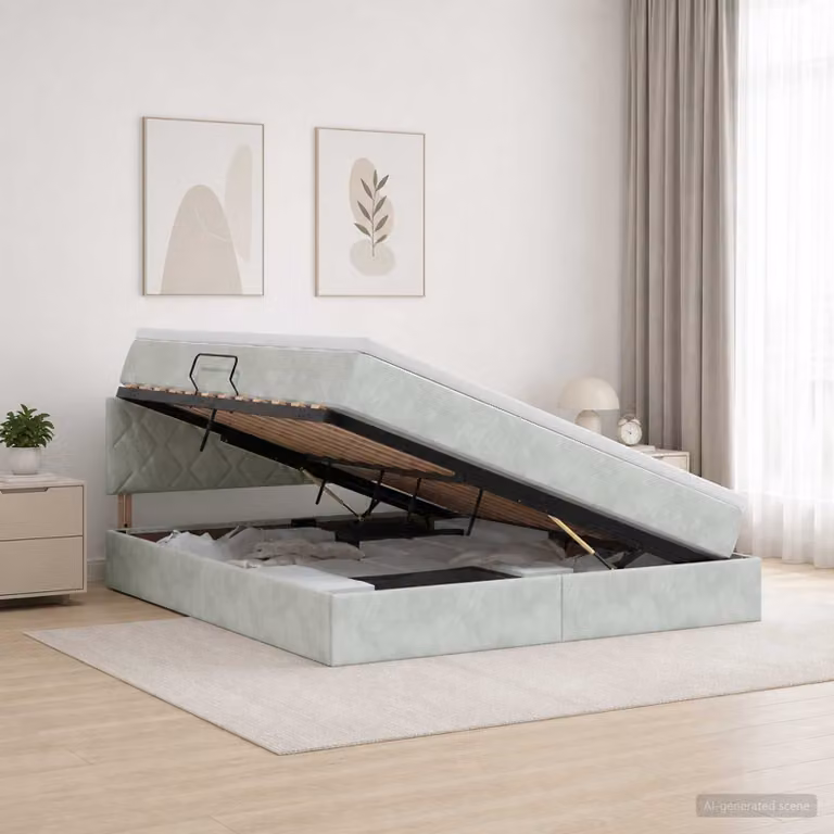 Letto con contenitore e illuminazione LED vidaXL in tessuto grigio con materasso a molle L/P/H: 160 x 200 x 88 cm