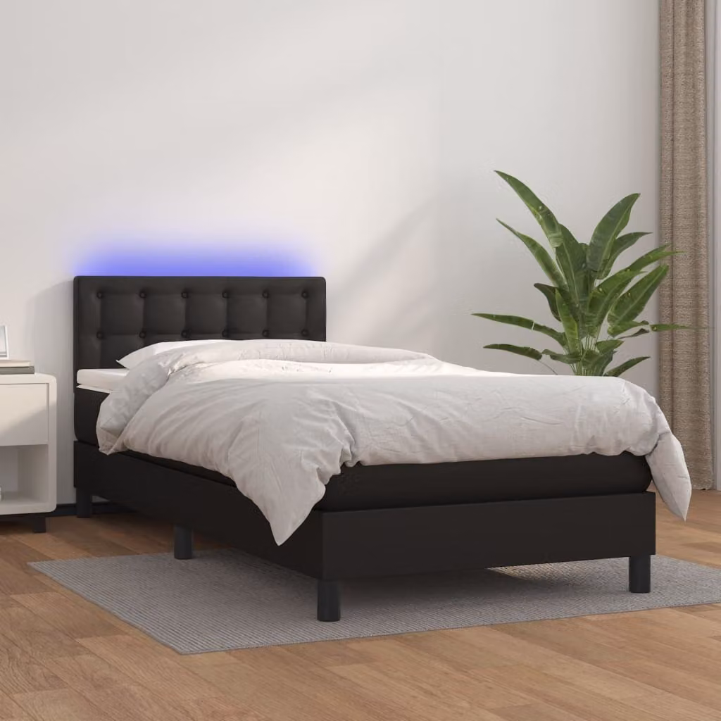 The Living Store Letto a molle con materasso e LED nero 90x190 cm in ecopelle