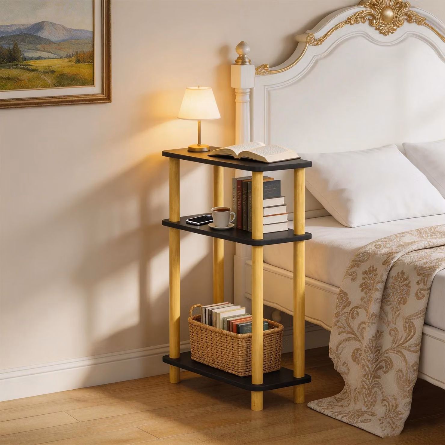 Tavolino di servizio - Tavolino da divano e comodino - 3 scomparti portaoggetti - Legno - 40 x 18 x 60 cm - Nero