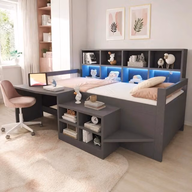 Letto Singolo Rialzato REDOM Grigio con Scrivania, Vani Contenitore, Scala e Illuminazione LED L/P/H: 90 x 200 x 170 cm