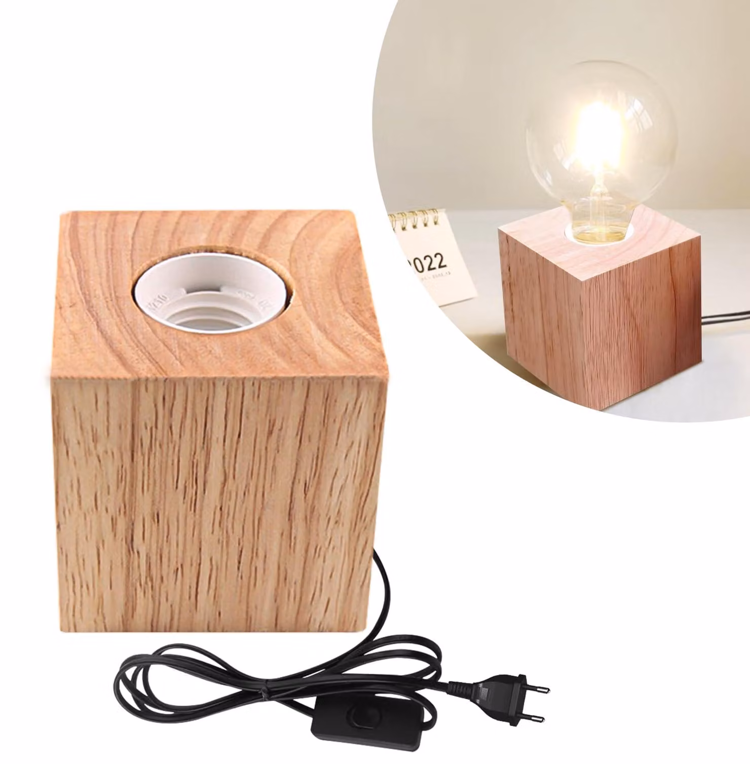 Lampada da comodino in legno a forma di cubo, con spina EU e attacco E27, ideale per camera da letto, soggiorno o ufficio (senza lampadina)