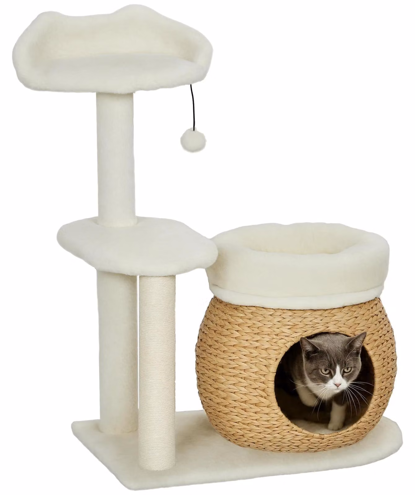 Tiragraffi per gatti - Colonna con cuccia - Altezza 79 cm - 3 livelli - Legno - Per gatti fino a 5 kg - Bianco crema