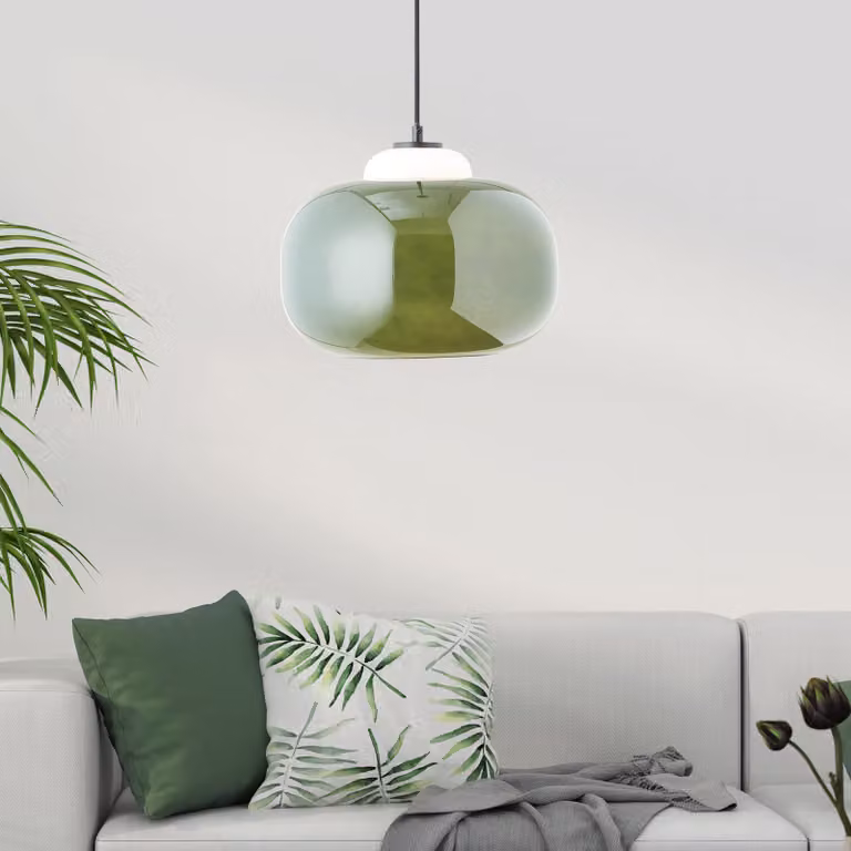 BRILLANTE lampada a sospensione retrò dimmerabile con paralume in vetro verde | elegante lampada a sospensione regolabile in altezza con cavo corto | altezza massima 1,29 m e diametro 30 cm | presa E27 max. 60 W | vetro/metallo