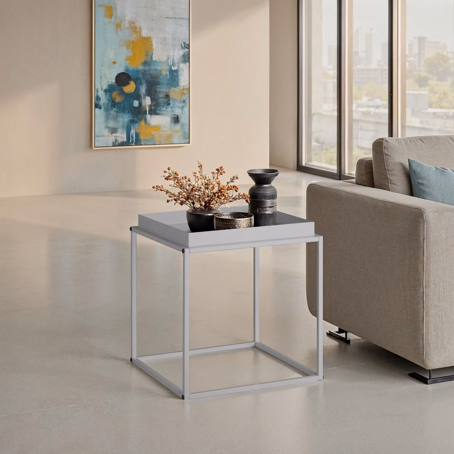 Tavolino Cambridge Tectake Grigio con Piano Quadrato in Metallo e Finitura Opaca L/P/H: 40 x 40 x 44 cm – 2