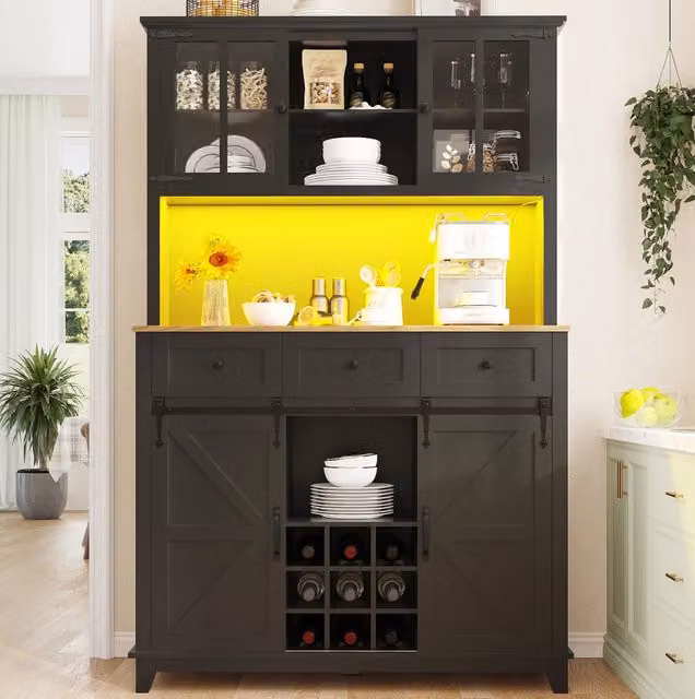Mobile alto da cucina con ante scorrevoli in legno MDF nero, LED RGB con controllo app, 105×38,4×180 cm