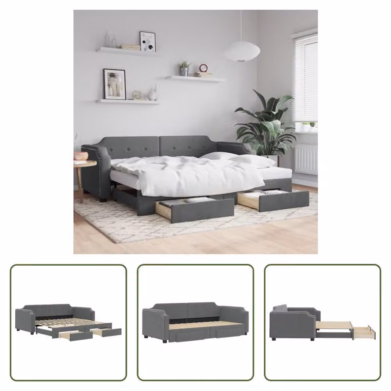 The Living Store Letto da giorno allungabile con cassetti grigio scuro 100x200 cm tessuto