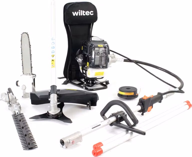 Attrezzo multifunzionale Wiltec 4 in 1 con motore a 2 tempi con zaino, attrezzo multigiardino per zaino, attrezzo multigiardino con tagliaerba, ecc