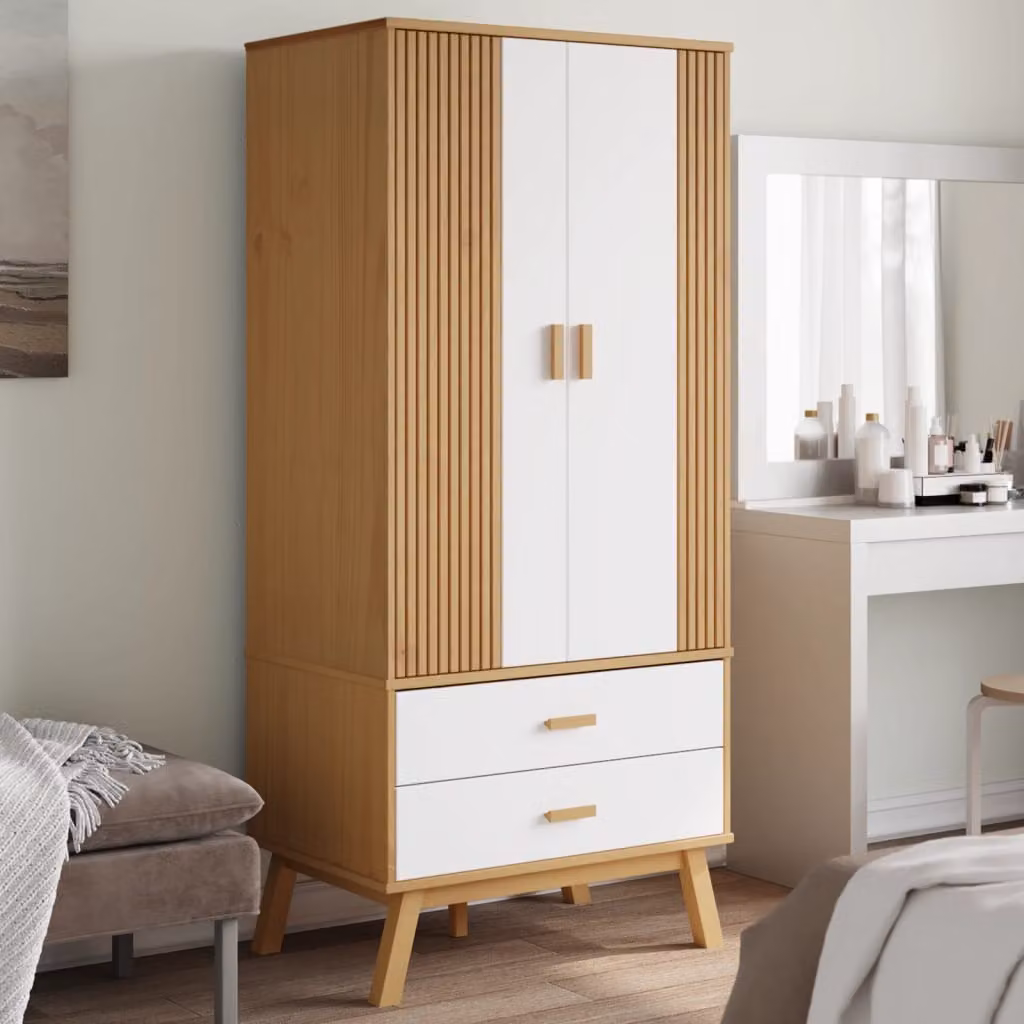 Armadio OLDEN vidaXL in legno di pino massello bianco e marrone con cassetti integrati L: 76,5 cm, P: 53 cm, H: 172 cm