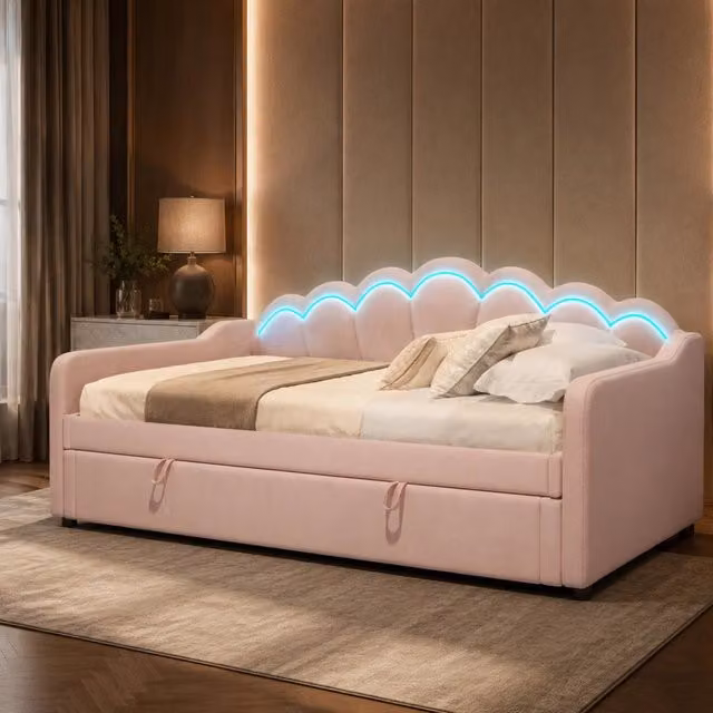 Divano letto singolo MODFU in velluto rosa con contenitore, illuminazione LED e testiera ondulata, L/P/H: 90 x 200 cm