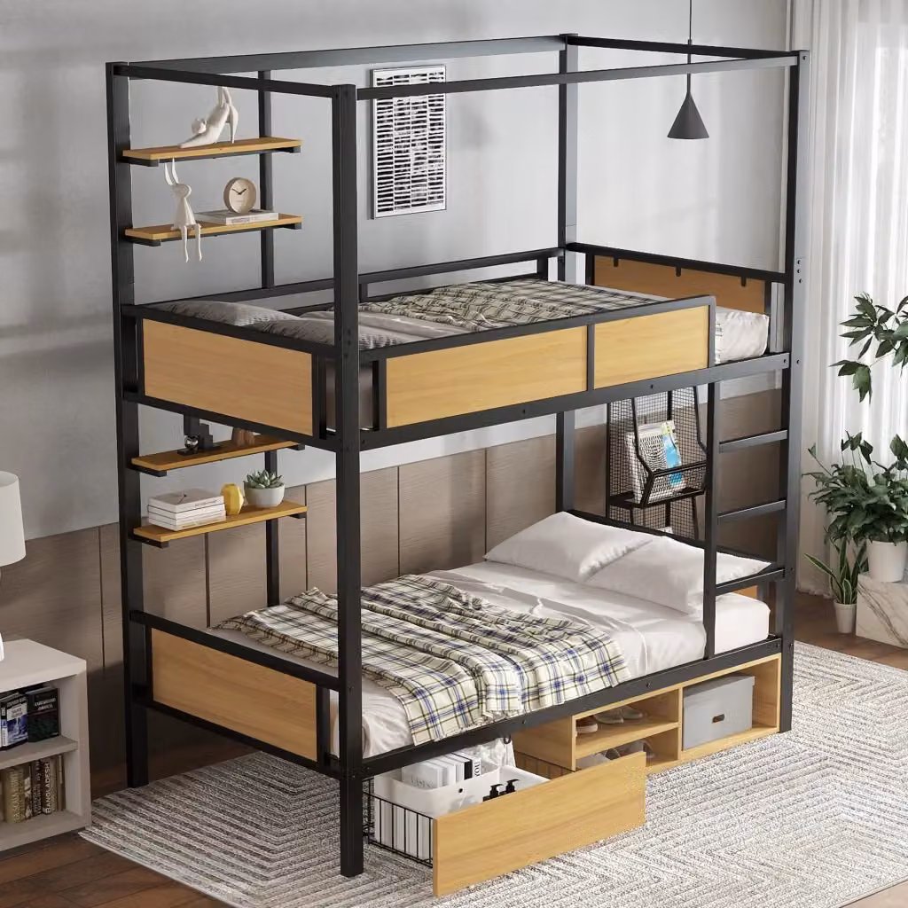Letto a castello REDOM in metallo e MDF con ripiani laterali, Nero e Naturale, L/P/H: 90 x 200 cm – 2