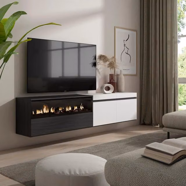 Mobile TV, 200x35x45cm, soggiorno, Per TV fino a 80", Camino elettrico, da appendere, Bianco e nero RF2165
