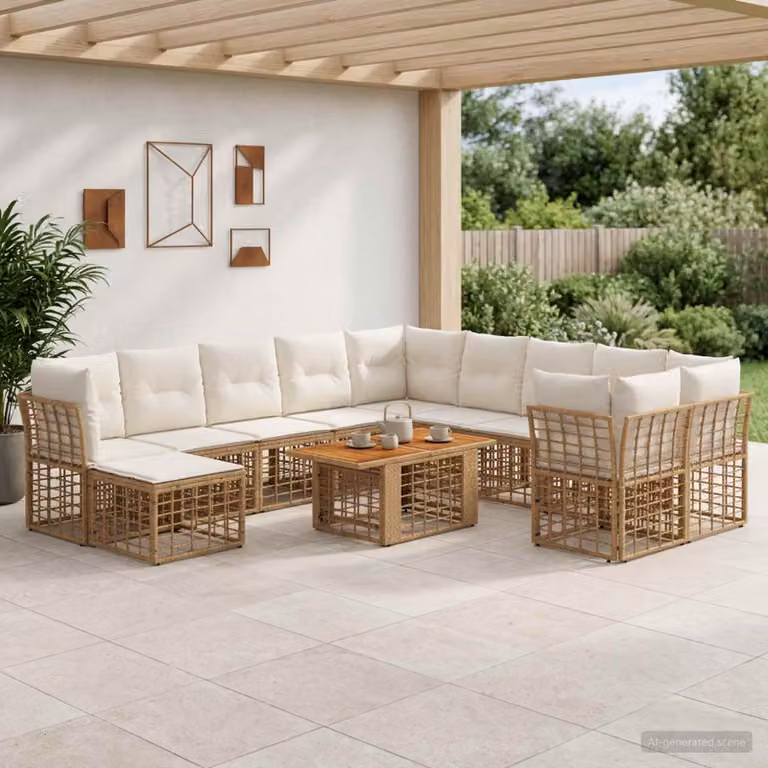 Set Divano da Giardino vidaXL 12 Pezzi in Polyrattan con Cuscini, Colore Naturale e Bianco Crema