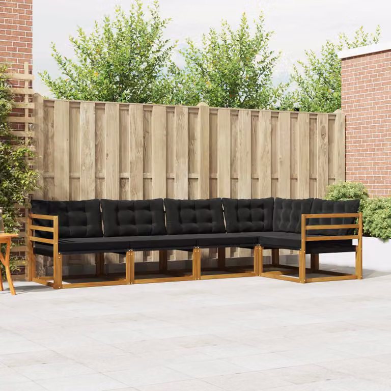 vidaXL Set di divani da esterno 5 pz a forma di L in legno di acacia con cuscini, colore marrone e nero