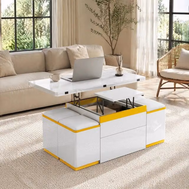 Tavolino trasformabile ULEVR 100x50x43 cm con piano rialzabile e apribile, 4 sgabelli contenitore, bianco e giallo