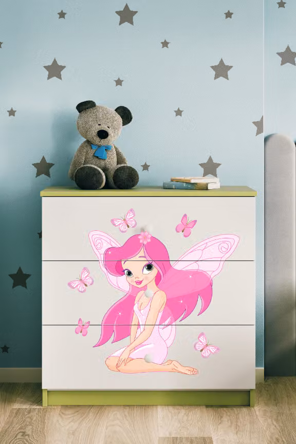 Cassettiera per bambini elfo con farfalle nel colore verde Babydreams