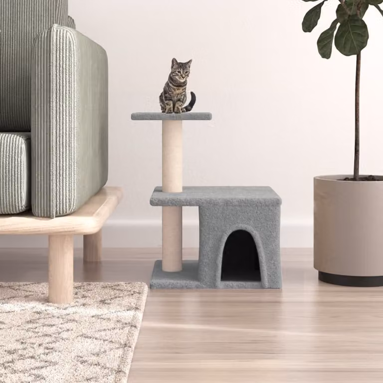 Albero per gatti vidaXL con tiragraffi in sisal e cuccia in legno, colore grigio