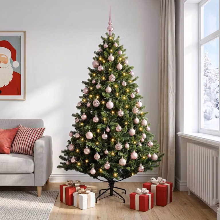 Albero di Natale artificiale con decorazioni a forma di sfera natalizia, altezza 180 cm, con 300 luci a LED