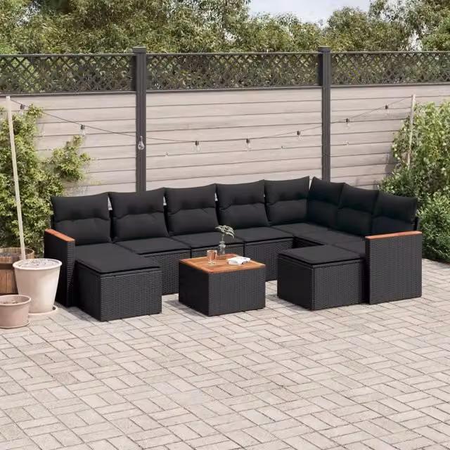 Set Divani da Giardino 10pz con Cuscini in Polyrattan Nero 3226545
