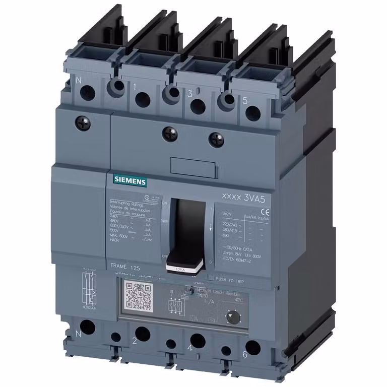 Interruttore di potenza Siemens 3VA5 UL, telaio 125, classe di capacità di interruzione S, 25 kA a 480 V, a 4 poli, 3VA51954EC410AA0