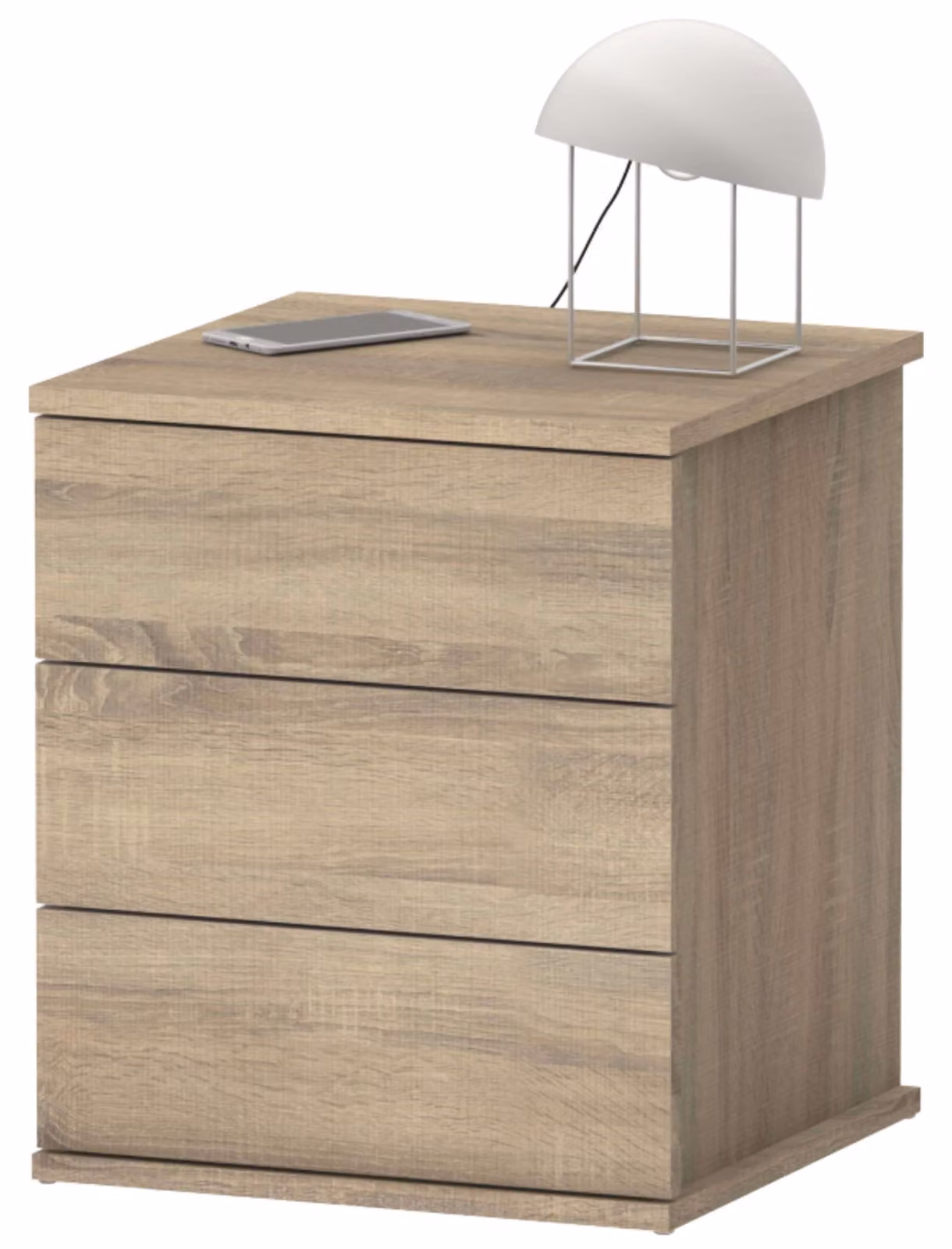 Tavolino da notte con 3 cassetti, guide metalliche, finitura "Cambrian Oak", dimensioni 48,5 x 41 x 40 cm