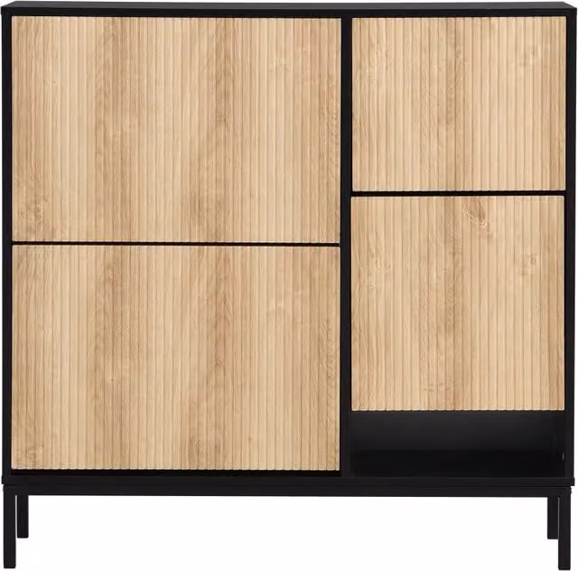 Armadio porta scarpe con panca estraibile, 3 ribalte e ripiano aperto, MDF nero e legno, 100x100x25 cm