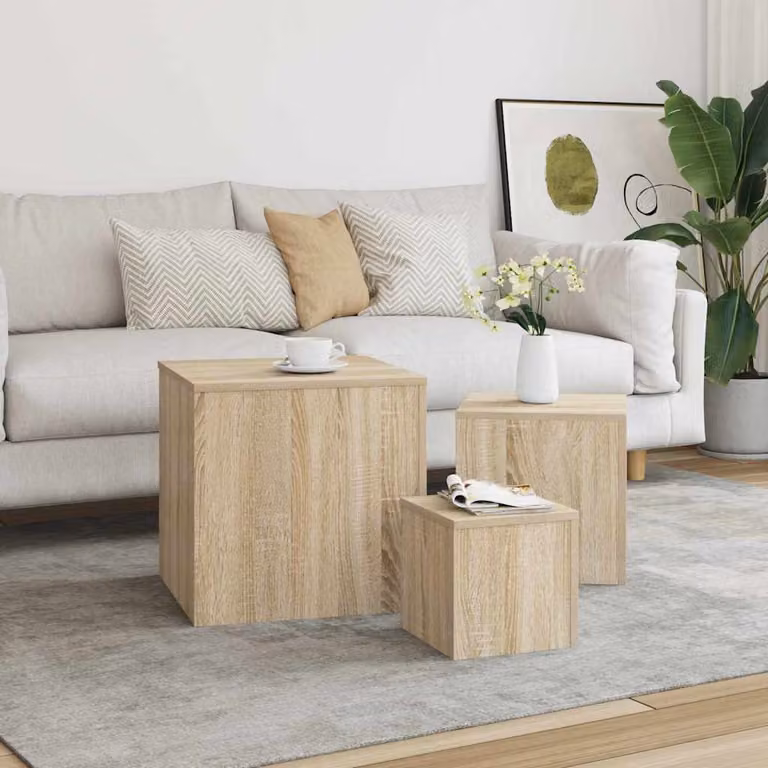 Set di 3 tavolini quadrati vidaXL in legno multistrato e MDF, colore rovere colorato beige e marrone, design moderno per soggiorno o camera da letto