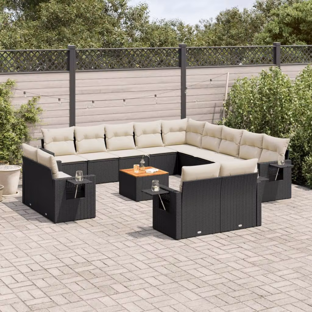 vidaXL Set Divani da Giardino a Forma di U in Polyrattan Nero con Cuscini e Tavolino da Esterno – 1