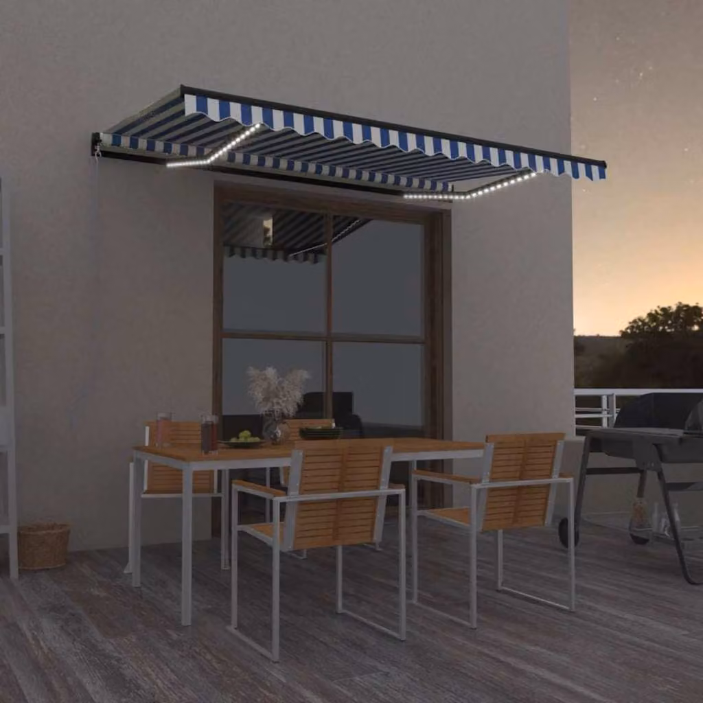 vidaXL Tenda da Sole Retrattile Manuale con LED in Poliestere e Alluminio, Blu e Bianca, L: 450 cm, P: 350 cm