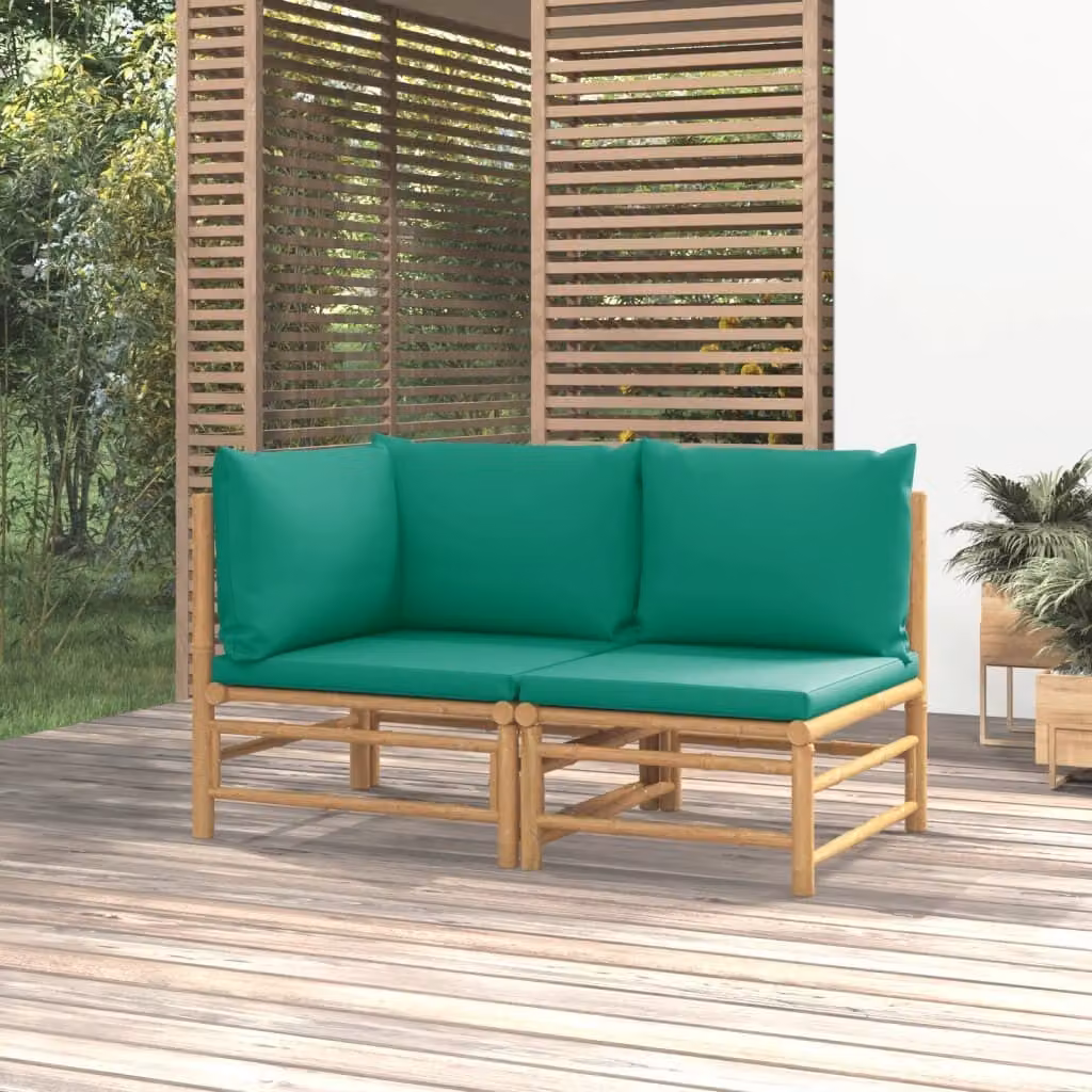 Set da lounge per giardino, composto da due elementi, con cuscini verdi, in bambù