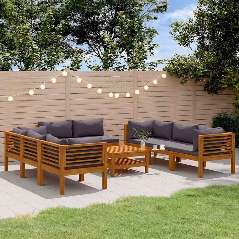 Set Divani da Giardino vidaXL 9 Pezzi in Legno di Acacia con Cuscini Grigi e Tavolino da Esterno