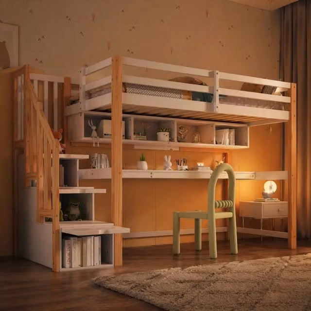 Letto a soppalco singolo MIVRAY per camerata con scrivania, ripiani e scala contenitore in legno e MDF, bianco e rovere, L/P/H: 200 x 90 x 135 cm