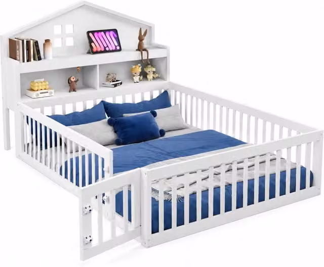 Letto per bambini 140x200 cm a casetta con lavagna; ripiani e barriera in pino; bianco