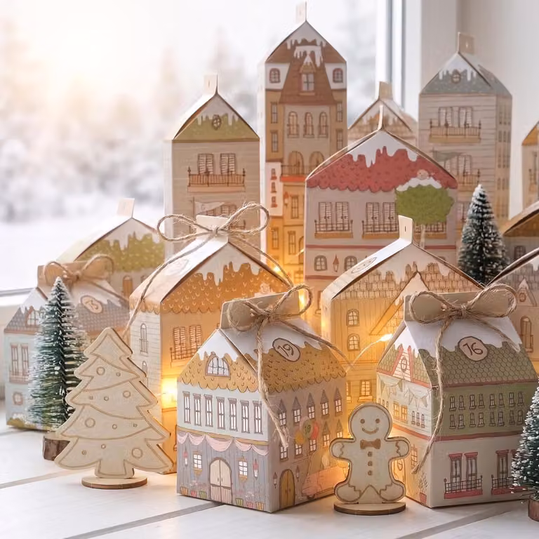 Calendario dell'Avvento da riempire, con 24 casette natalizie, disponibili in 3 dimensioni, complete di luci a LED, corda di juta e decorazioni in legno. Decorazioni natalizie per la casa