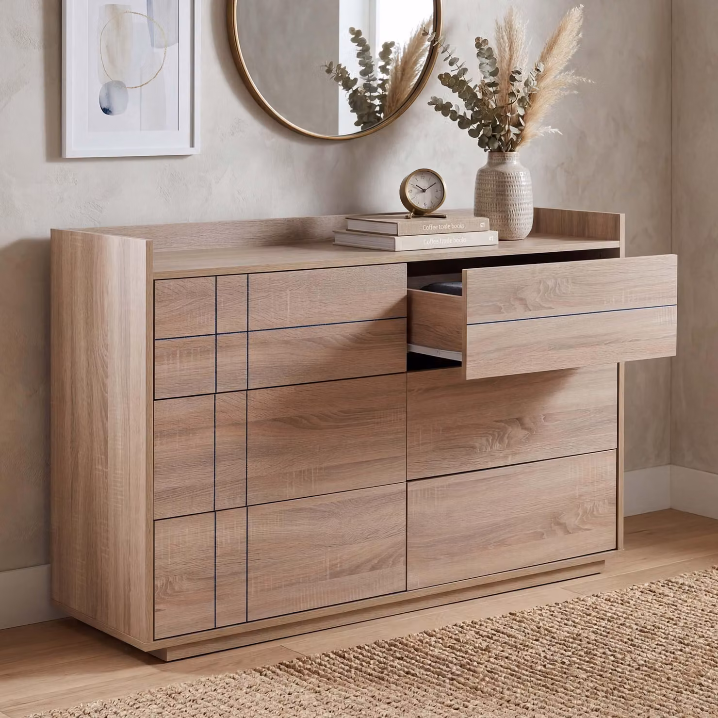 Comò HWC-P44, credenza, 6 cassetti con apertura a pressione, MDF 83x120x40 cm ~ effetto rovere Sonoma