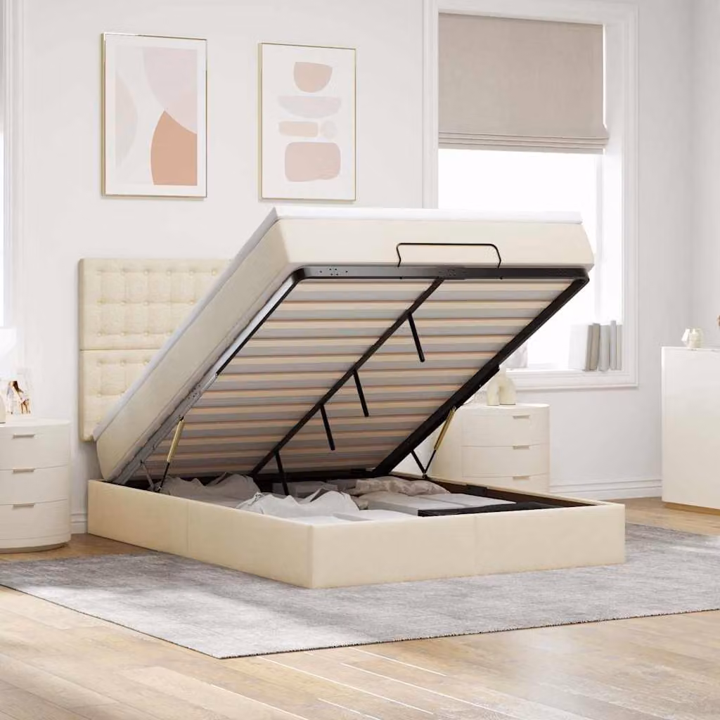 vidaXL Letto Contenitore con Materasso e Base a Sollevamento, Colore Beige e Bianco, L/P/H: 140 x 190 x 128 cm