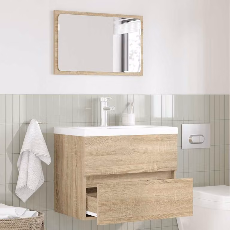 Set di mobili da bagno moderni vidaXL in legno MDF color rovere con mobile sottolavabo e armadietto con specchio a parete