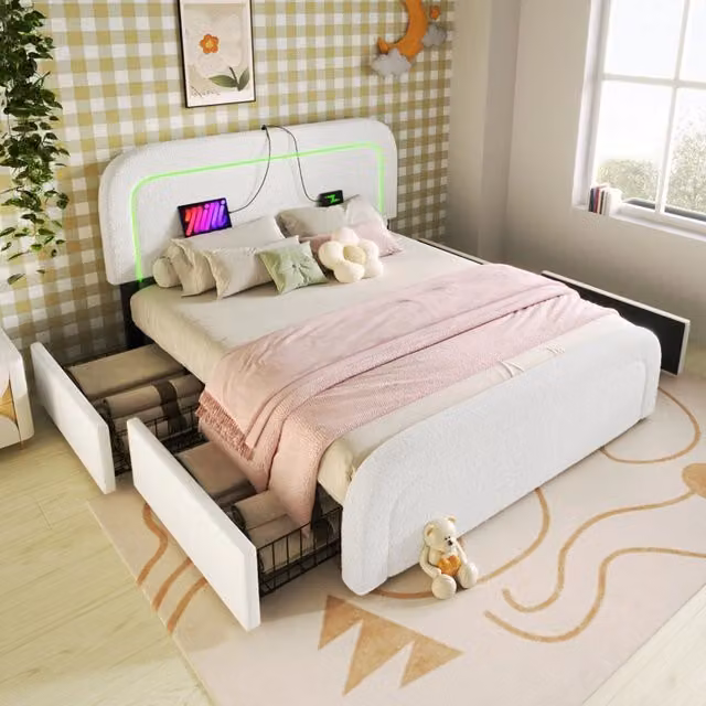 Letto Matrimoniale 160x200 Imbottito in Sherpa Bianco con 4 Cassetti e Ricarica USB Type-C