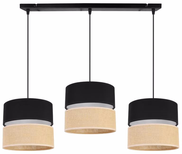 Light-Home Juta - Lampada a sospensione - Metallo con paralume in tessuto - E27 - Classica a 3 lampadine da 20 cm - Base nera e iuta e nero