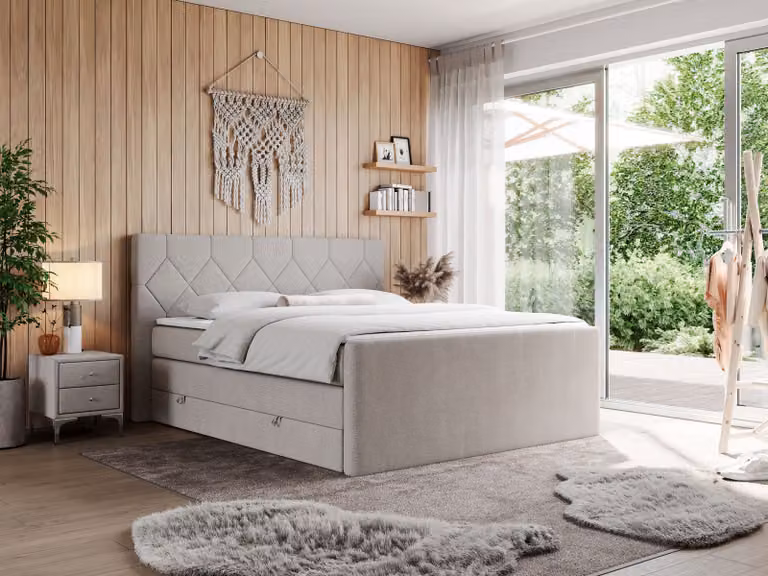 Letto boxspring con materasso matrimoniale, due cassetti portaoggetti, coprimaterasso, per camera da letto - KING EIGAR - 140x200 cm - Beige - H4